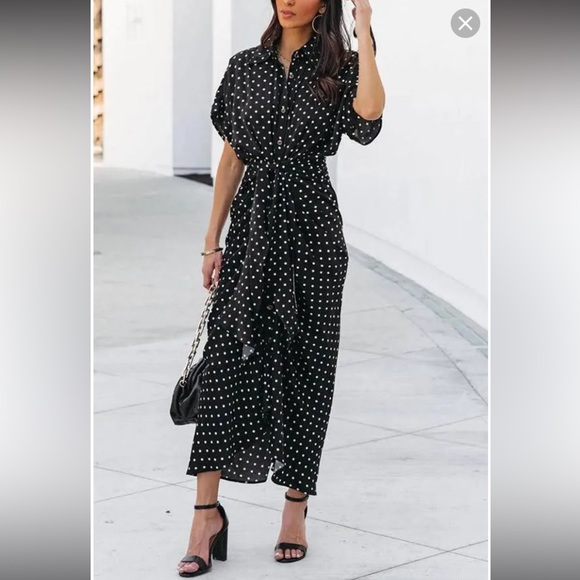 VICI Aurielle Polka Dot Tie Front Midi
Shirt Dress - Black XS - Picture 2 of 6
